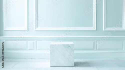 Minimalist marble cube on a pristine white classical interior background. photo