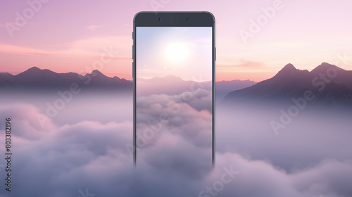 Smartphone showcasing a sunrise over mountainous cloudscape on its screen in a surreal display.