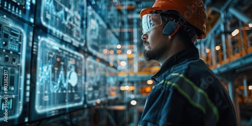 Engineer monitoring construction performance through a digital twin interface, close-up on the screen with site in background