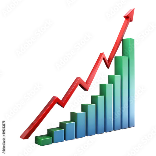 Ascending 3D Bar Graph With Red Arrow Indicating Growth Trend on transparent background.