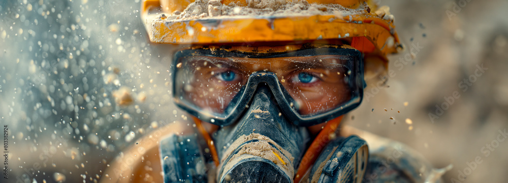 Expert construction worker shielded by top-tier dust mask in the midst of glass wool particles on construction site Expert construction worker shielded by top-tier dust mask in the midst of glass wool particles on construction site