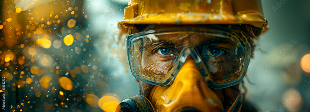 Skilled construction worker shielded by premium dust mask on glass wool dust-laden worksite Skilled construction worker shielded by premium dust mask on glass wool dust-laden worksite