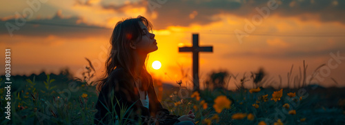 Graceful Reflection  Female Figure in Prayer at Sunset  Standing by Cross on Green Meadow