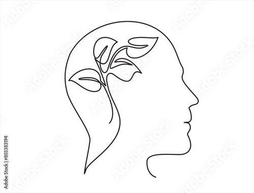 Human head with plant. Concept of good mental health. Continuous one line drawing. Destress management in psychology. Vector illustration