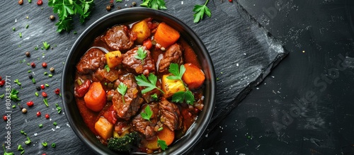 Beef and vegetable stew served in a black bowl with a slate background. Viewed from the top.