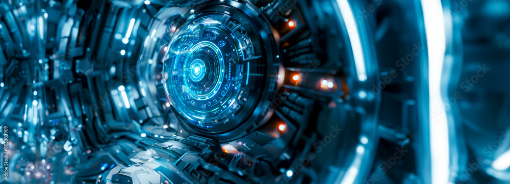 Futuristic AI Trio: Cyber Blue Machines in Dark Studio - Top-Down Photography with Transparent Inside View and Cinematic Lighting