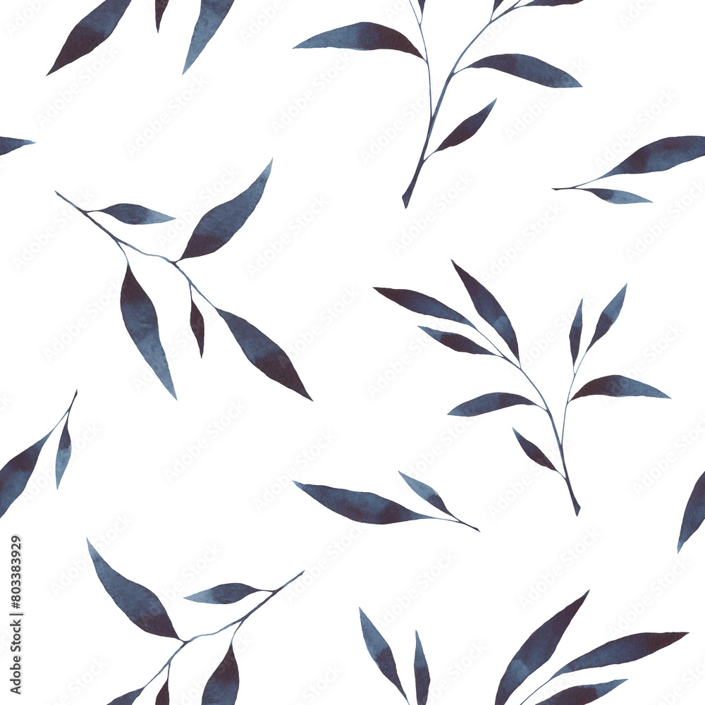 Seamless background with dark blue delicate watercolor twigs with leaves on white, hand-drawn. Endless pattern template for fabric, wallpaper, wrapping paper, decoration. Botanical illustration. Seamless background with dark blue delicate watercolor twigs with leaves on white, hand-drawn. Endless pattern template for fabric, wallpaper, wrapping paper, decoration. Botanical illustration.