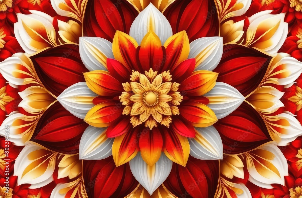 Abstract symmetrical background, kaleidoscope, shiny pattern red, white and gold shades Abstract symmetrical background, kaleidoscope, shiny pattern red, white and gold shades