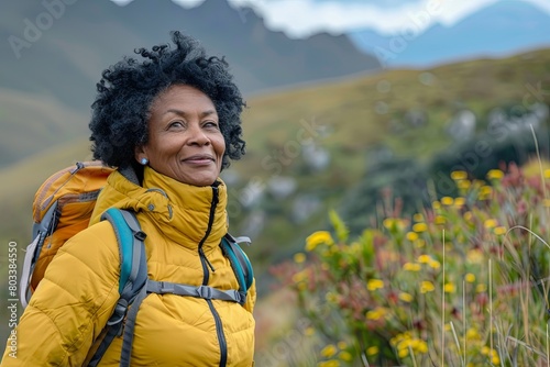 Portrait of a middle aged African American woman hiking in beautiful scenery © NikoG