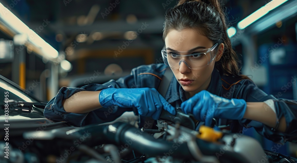 a female mechanic working on a car engine in a car repair shop.