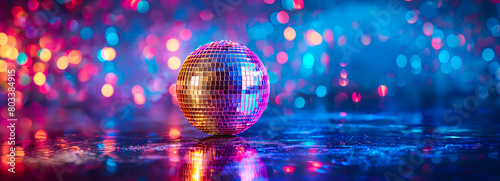 Disco Ball Magic: Glowing Sphere Lights Up the Night - Ideal Party Background with Room for Text photo