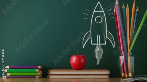 A chalk-drawn rocket surrounded by colored pencils and books, accompanied by an apple, evoking the back-to-school theme 