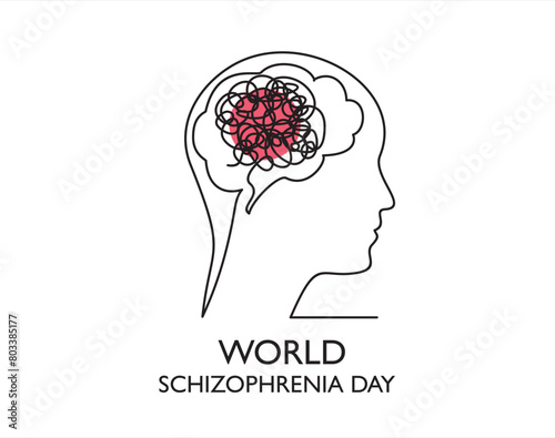 The brain of a person with schizophrenia. Mental disorder. World Schizophrenia Day. One line drawing for different uses. Vector illustration.
