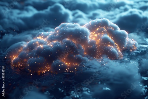 Spectacular digital art showing a cloud illuminated with a warm glow and particles, depicting a fusion of technology and nature © Larisa AI