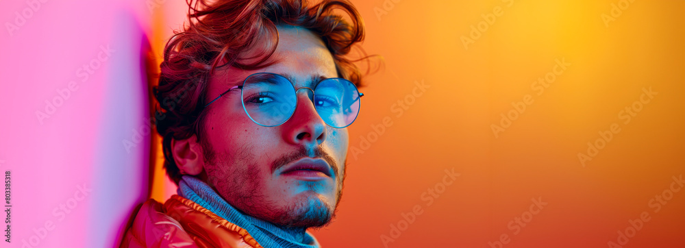 Trendsetting European Gen-Z Male in Neon Vaporwave Attire with Space for Text: A Stylish Visual Feast for the Eyes Trendsetting European Gen-Z Male in Neon Vaporwave Attire with Space for Text: A Stylish Visual Feast for the Eyes