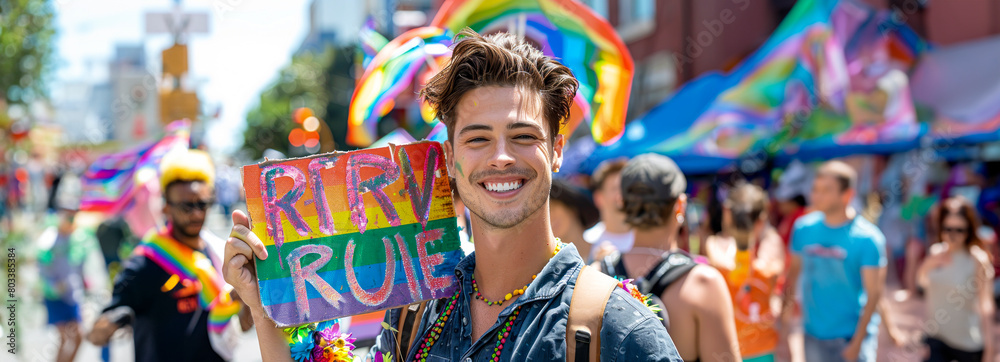 Colorful Pride: LGBTQ+ Man Marches Proudly at Gay Pride Parade, Spreading Love and Equality Colorful Pride: LGBTQ+ Man Marches Proudly at Gay Pride Parade, Spreading Love and Equality