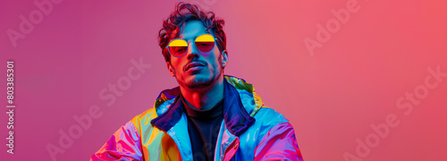 Trendy Gen-Z Male in Neon Retro Vaporwave Fashion: Stylish Caucasian Influencer in Cool Outfit with Space for Text