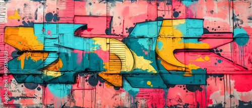 Vibrant colors come alive in this street art mural  expressing the artists creativity through a mix of text and graffiti. Full Frame 