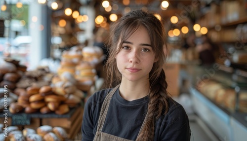 Confident female baker in artisan bakery proudly displaying her culinary skills with confidence