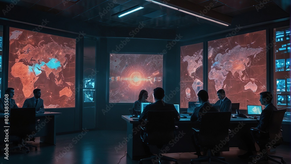 A group of people are sitting in a dark room looking at large screens that display world maps with red and orange highlights. A group of people are sitting in a dark room looking at large screens that display world maps with red and orange highlights.