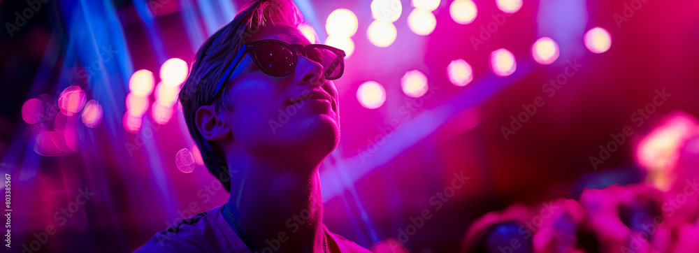 Neon Nights: Happy Guy in Pink and Purple Glow, Grooving in Shades amid Laser Beams