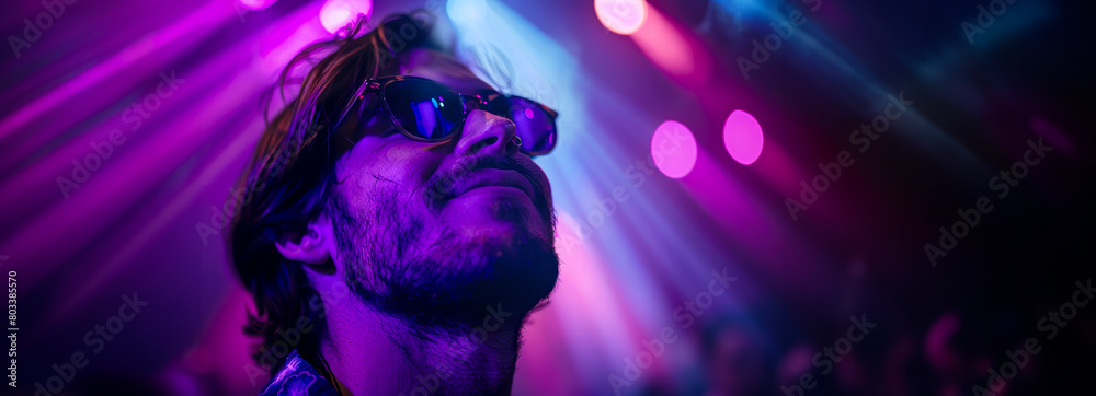 Cool Dude Posing in Sunglasses at Nightclub with Purple and Pink Laser Lights Cool Dude Posing in Sunglasses at Nightclub with Purple and Pink Laser Lights