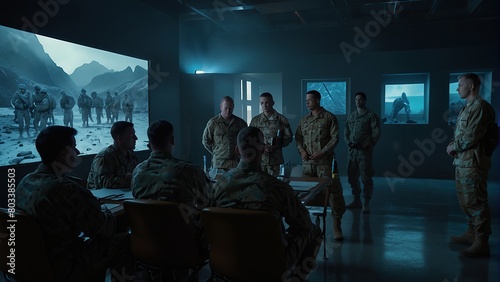 A group of soldiers are gathered in a dark room looking at a screen that shows a mountainous landscape.