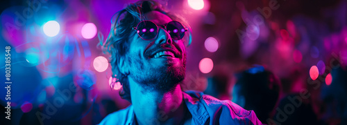 Cool dude shining in neon lights - Portrait of a joyful man in a nightclub with laser beams