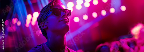 Neon Nights: Happy Guy in Pink and Purple Glow, Grooving in Shades amid Laser Beams