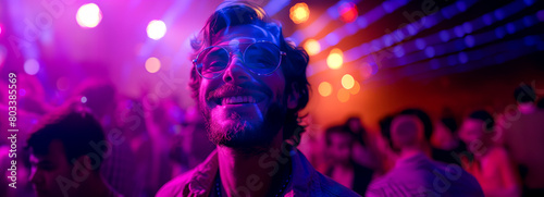 Grooving in the Glow: Trendy Dude at Club Surrounded by Purple and Pink Laser Lights, Sporting Shades for a Stylish Nightlife Vibe photo