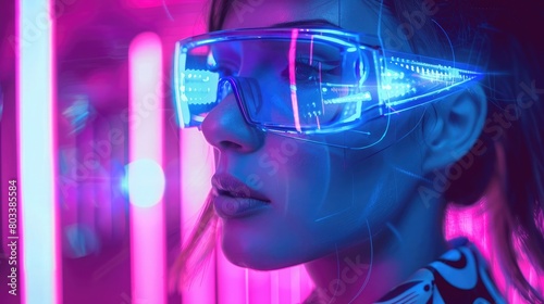 Dynamic android female in futuristic over futuristic background. Girl in glasses of virtual reality. Augmented reality  game  future technology  AI concept. VR. Blue neon light.