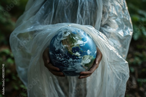 The picture of the person that has been holding the earth globe that come with the plastic bag that can stand for multiple meaning like protect the earth or keep the earth from plastic bag. AIGX01.