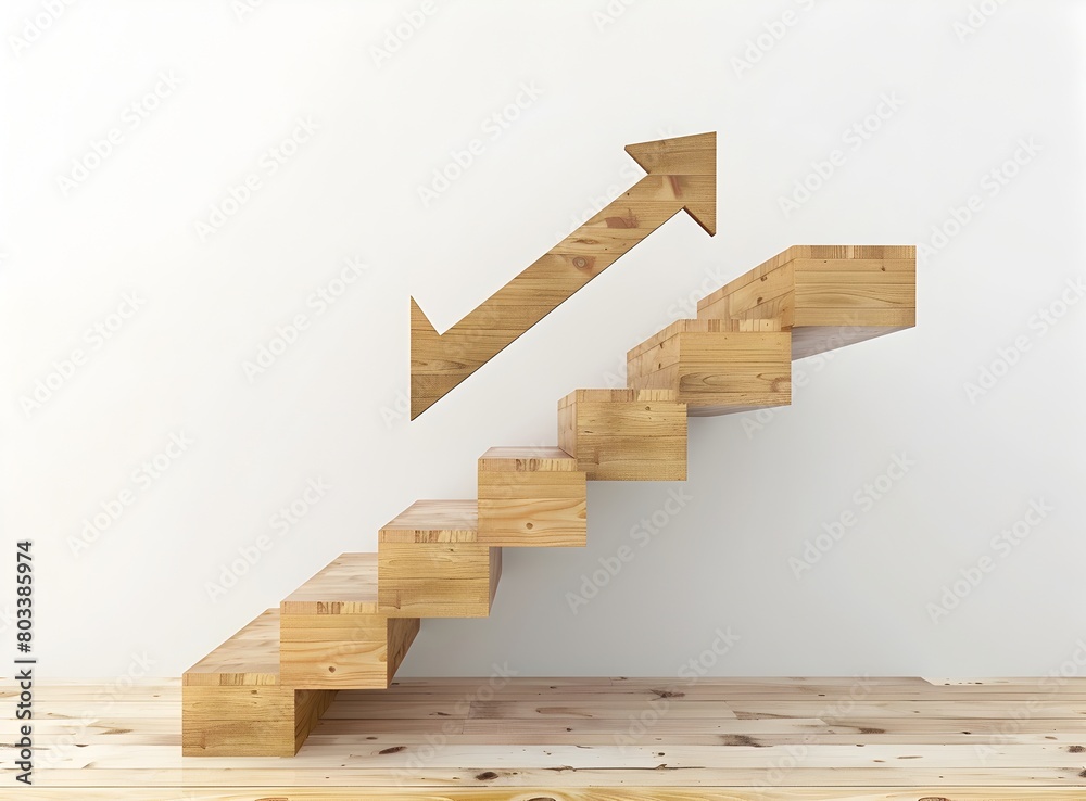 Stairs Progress A minimalistic illustration of wooden stairs with an arrow pointing ...