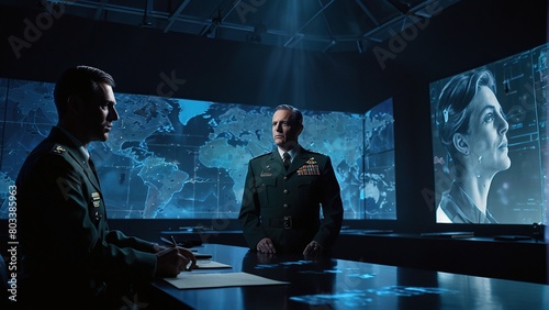 A man and woman in military uniforms are sitting at a table in a dark room. There are screens on the walls showing a map and a woman's face.