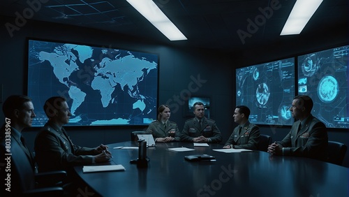 A group of people are sitting around a table in a dark room. There are screens on the walls showing a world map and other data. The people are all wearing dark clothes and look serious.