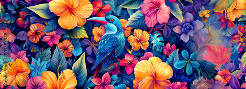 Tropical Rainforest Oasis  Lively Birds and Blooms Seamless Pattern Backdrop