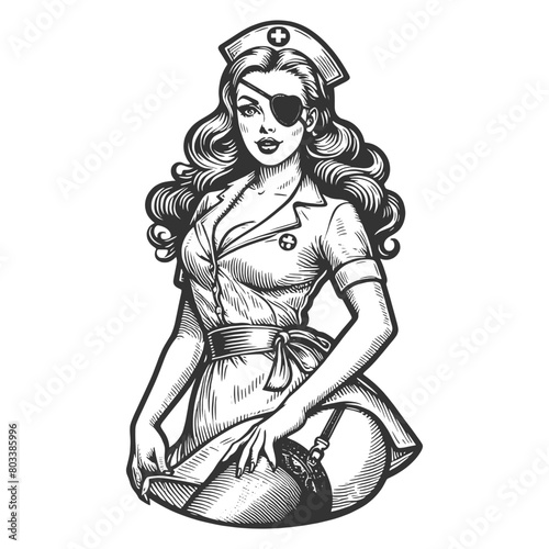 retro nurse with an eye patch, holding a cigarette vintage rebel attitude sketch engraving generative ai fictional character vector illustration. Scratch board imitation. Black and white image.