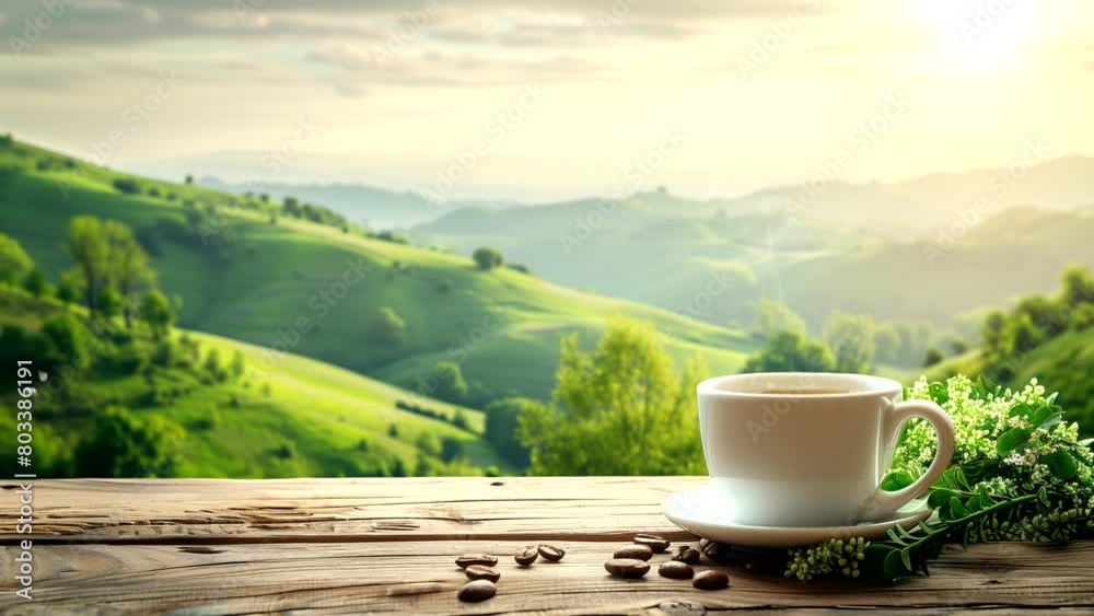 Coffee on the table with a view of tropical green hills. looping time-lapse video Coffee on the table with a view of tropical green hills. looping time-lapse video