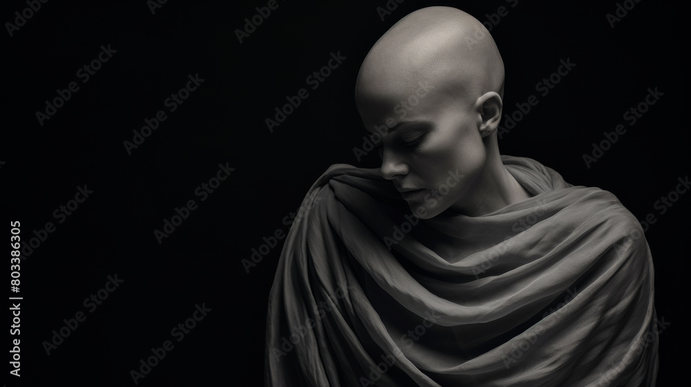 Sick bald woman holding wig in thoughtful pose. Sick bald woman holding wig in thoughtful pose.