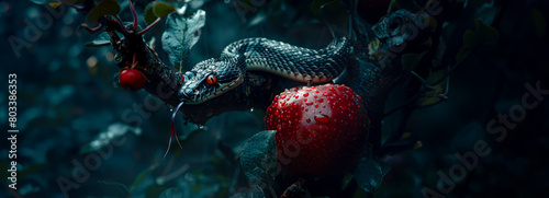 Temptation Unveiled: The Sinful Serpent and Scarlet Apple - A Symbolic Image of Fall from Grace in an Apple Tree