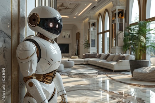 Elegance meets robotics as a humanoid robot gazes out of a window in a luxurious, opulent room photo