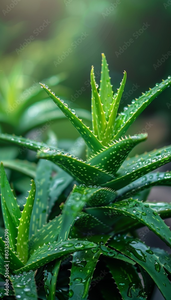 Close up of vibrant fresh aloe vera leaves with glistening droplets in lush green hues Close up of vibrant fresh aloe vera leaves with glistening droplets in lush green hues