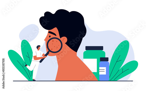 Acne concept. Dermatologist doctor holding magnifying glass and examining acne on man face. Skin problem, dermatology treatment and skincare. Isolated vector illustration in cartoon style