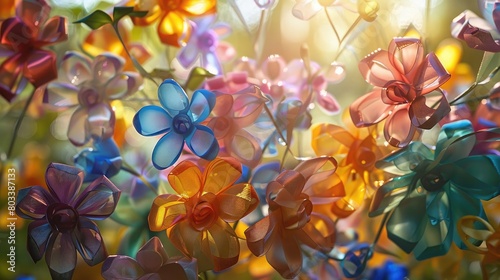 Dynamic background filled with colorful flowers made from recycled ribbons illuminated by soft gentle sunlight background