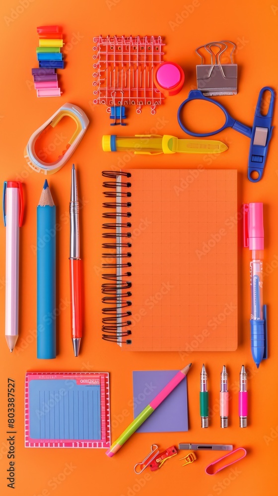A notebook, along with various school supplies, arranged neatly on an orange background in a flat lay composition
A notebook, along with various school supplies, arranged neatly on an orange background in a flat lay composition