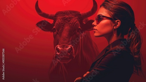 Dynamic finance business bullish investors markets concept business woman looking bull red background business up hot