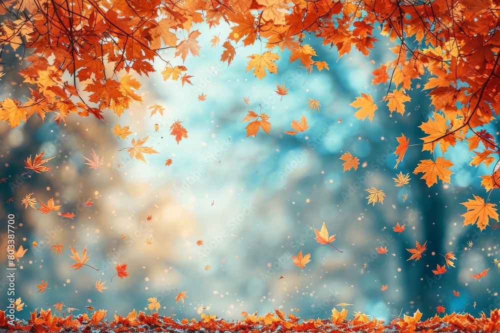 A serene autumn scene with vibrant orange leaves falling gently from the trees against a soft, glowing backdrop A serene autumn scene with vibrant orange leaves falling gently from the trees against a soft, glowing backdrop