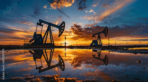 Oil pumpjacks and machinery at an oil field during sunset 