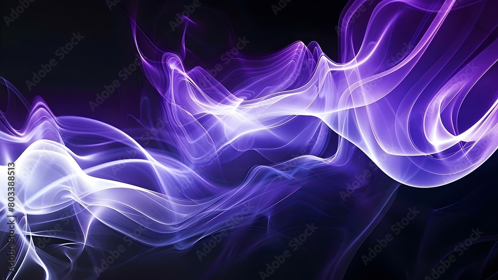Purple, White, and Blue Abstract with Glowing Waves and Smoke on a Black Background. Concept Abstract Art, Glowing Waves, Smoke Effect, Purple, White, Blue Colors, Black Background