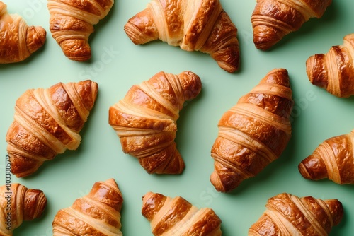 An assortment of freshly baked, golden croissants, their flaky texture visible, arranged neatly on a solid, pastel mint green background. photo